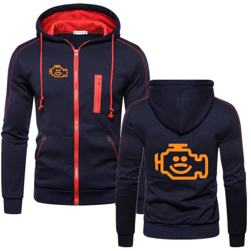 Mechanic Auto Repair Check Engine Funny New Autumn Men's Zip Print Hoodie, Casual Solid Hooded Sweatshirt with Long Sleeves