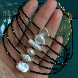 Gothnic Natural Freshwater Pearl Necklace Black Spinel Crystal Irregular Heart Round Coin Square Baroque Pearl Charm Necklace