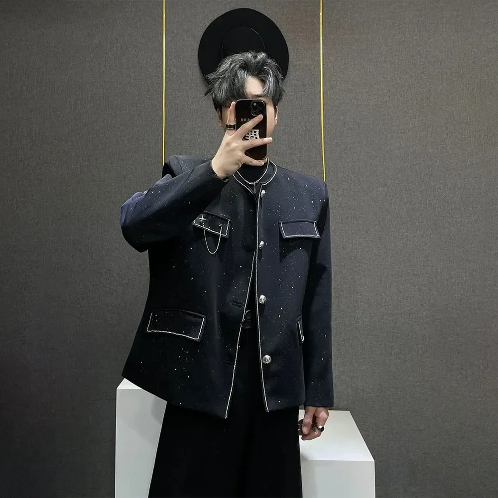 Mens Autumn Sequin Night Sky Casual Padded Shoulder Suit Jacket Streetwear Fashion Niche Nightclub Stage Performance Top 2025