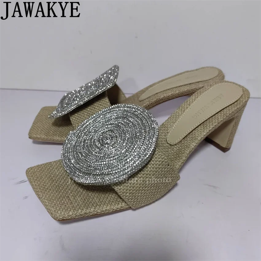 Square Circular Asymmetry Crystal Slippers Women Bling Bling Rhinestone Mid Heel Mules Slippers Summer Sexy Woman's Flip Flops