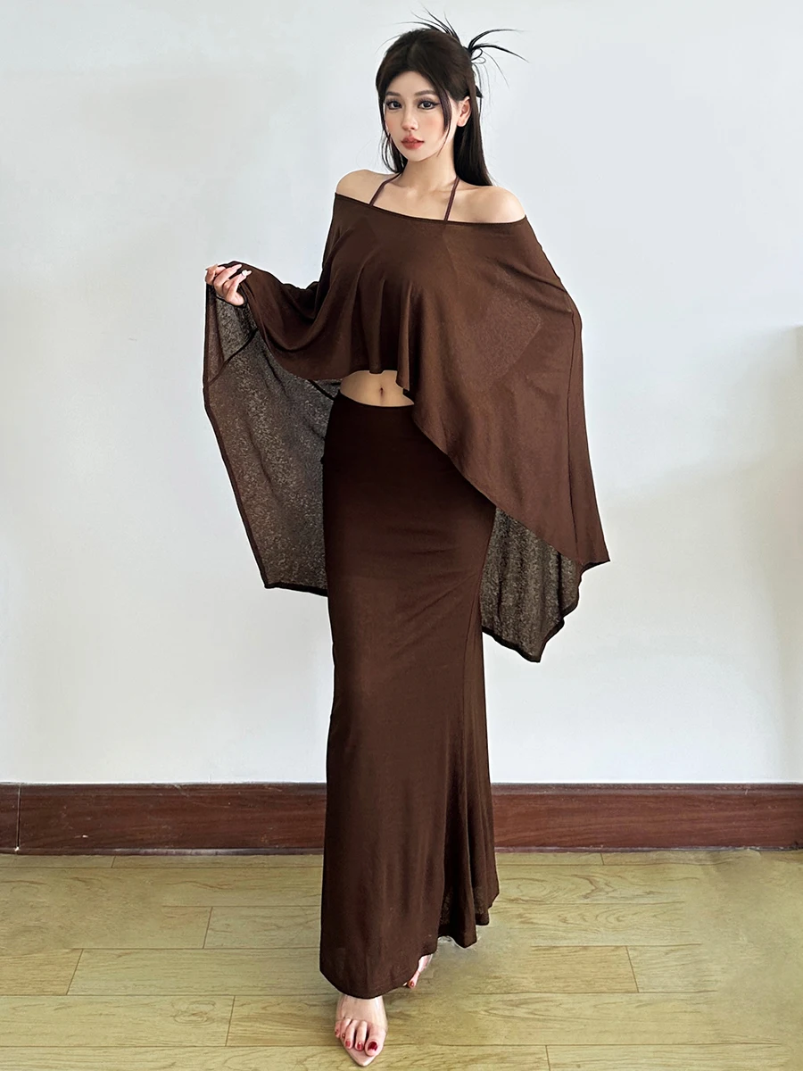 Weird Puss Ensemble Faion pour femme Taille haute Slim Fit Gilet Ne Hanging oulder Baring Top et jupe Tee Piece Automne Casual...