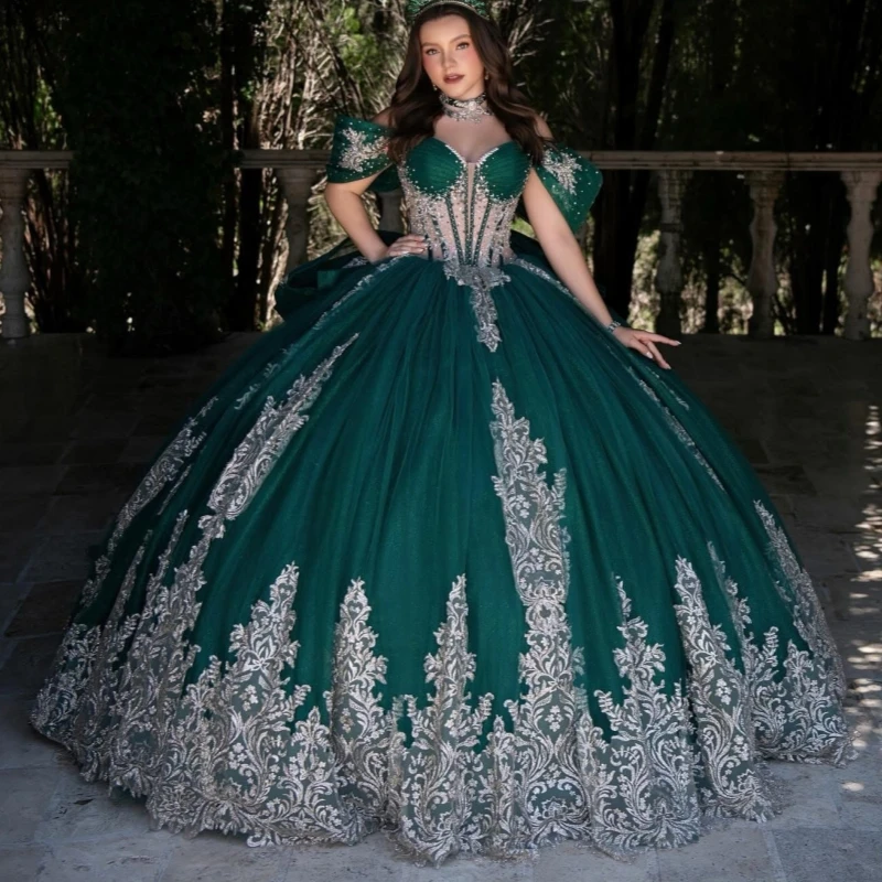 

Dark Green Shiny Quinceanera Dresses Off The Shoulder Applique Lace Beads Bow Tull Corset Party Birthday Sweet 16 Dres Vestidos