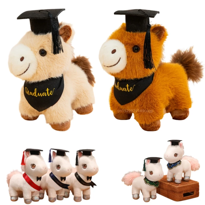

28cm Cartoon 2026 Graduation Horse Plush Doll Brown White Doctor Cap Horse Animal Stuffed Toy Home Decor Gift For Children