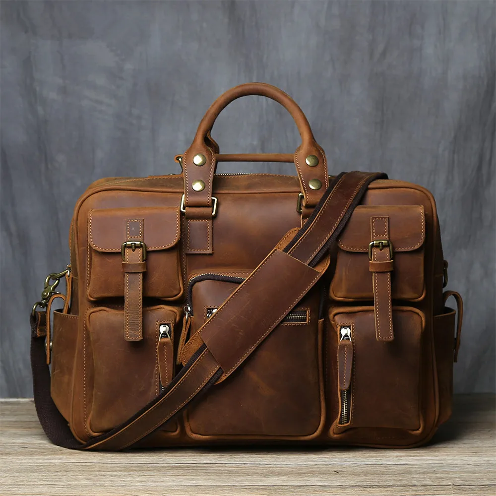 Men's Genuine Leather Travel Bag Retro Large-Capacity Handbag Business Cowhide Briefcase Leather Business Trip Computer Bag Week