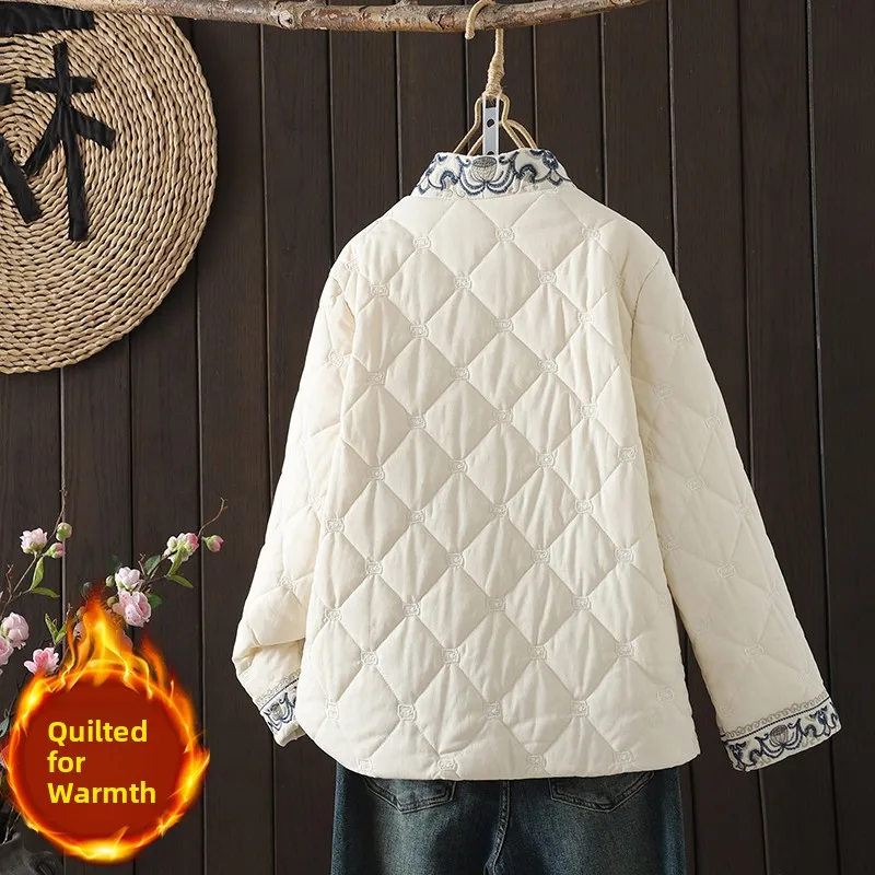 秋冬中国風青と白の磁器ボタン刺繍スタンドカラーコットンジャケット女性用エスニックピュアカラー