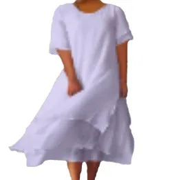 Moda e lazer dupla camada dividida manga curta em torno do pescoço vestido para mulher solta cor sólida irregular vestido longo 2025