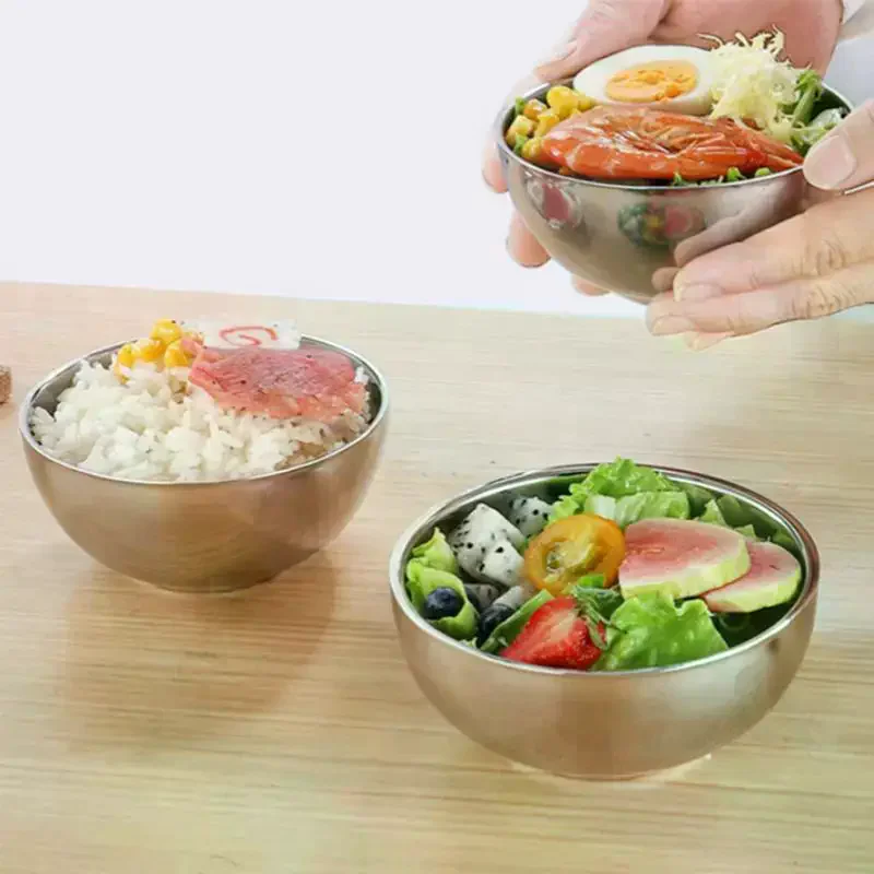 Stainless Steel Threaded Rice Bowl Dough Round Soup Double Layer Insulated Ramen Bowls Home Tableware Kitchen Accessories