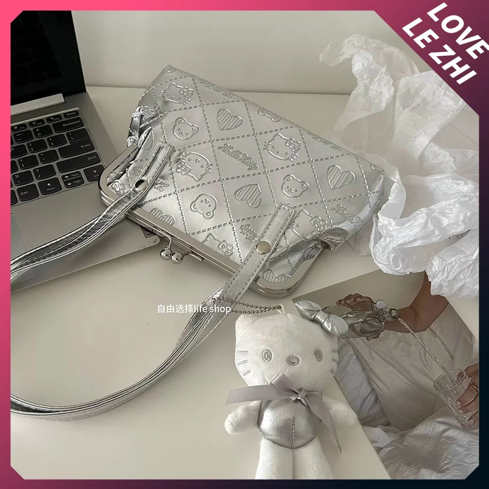 Sanrio argenteo Hello Kitty borsa a tracolla monospalla borsa a tracolla di grande capacità borsa da viaggio a breve distanza per studentessa