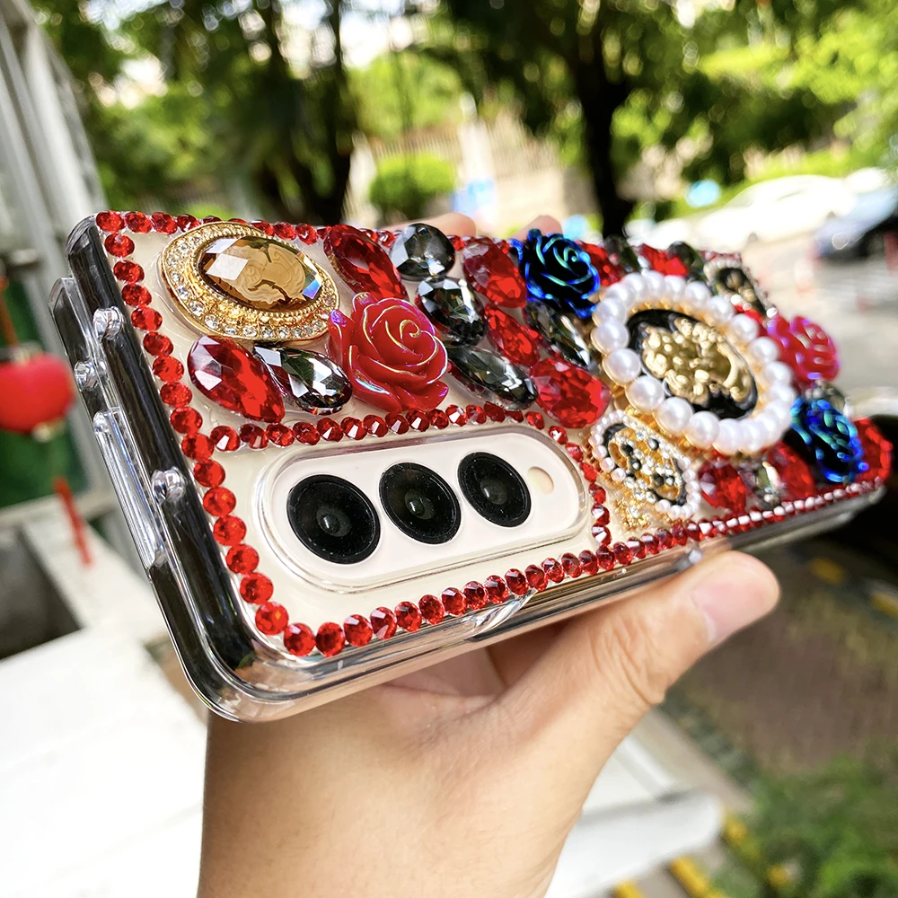 Bling Rhinestone 3D Red and Black Rose Heart Hard PC Phone Cover for Samsung Galaxy Z Fold 7 6 5 4 3 2 Case