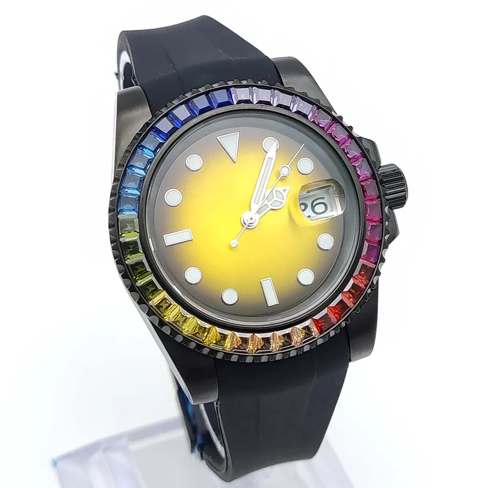 Men\'s Black Business Watch Featured Coloured Diamond Bezel Sapphire Glass Sterile Dial NH35 Automatic Mechanical Watch