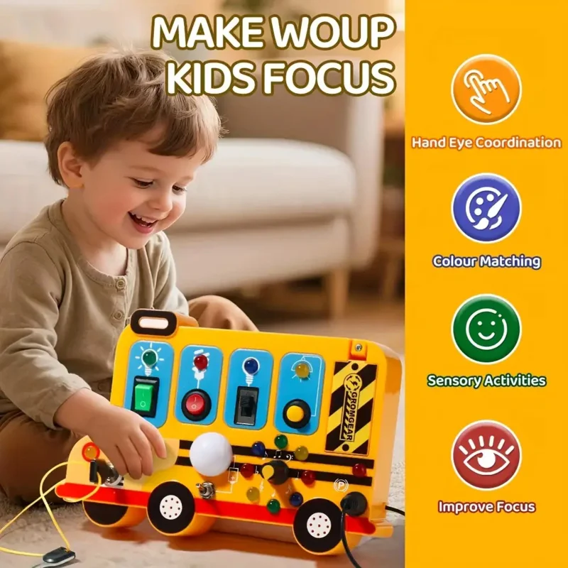Interactive School Bus Learning Toy with Lights, Switches and Realistic Engine Sounds Sensory Play for Children 18 Months and Up