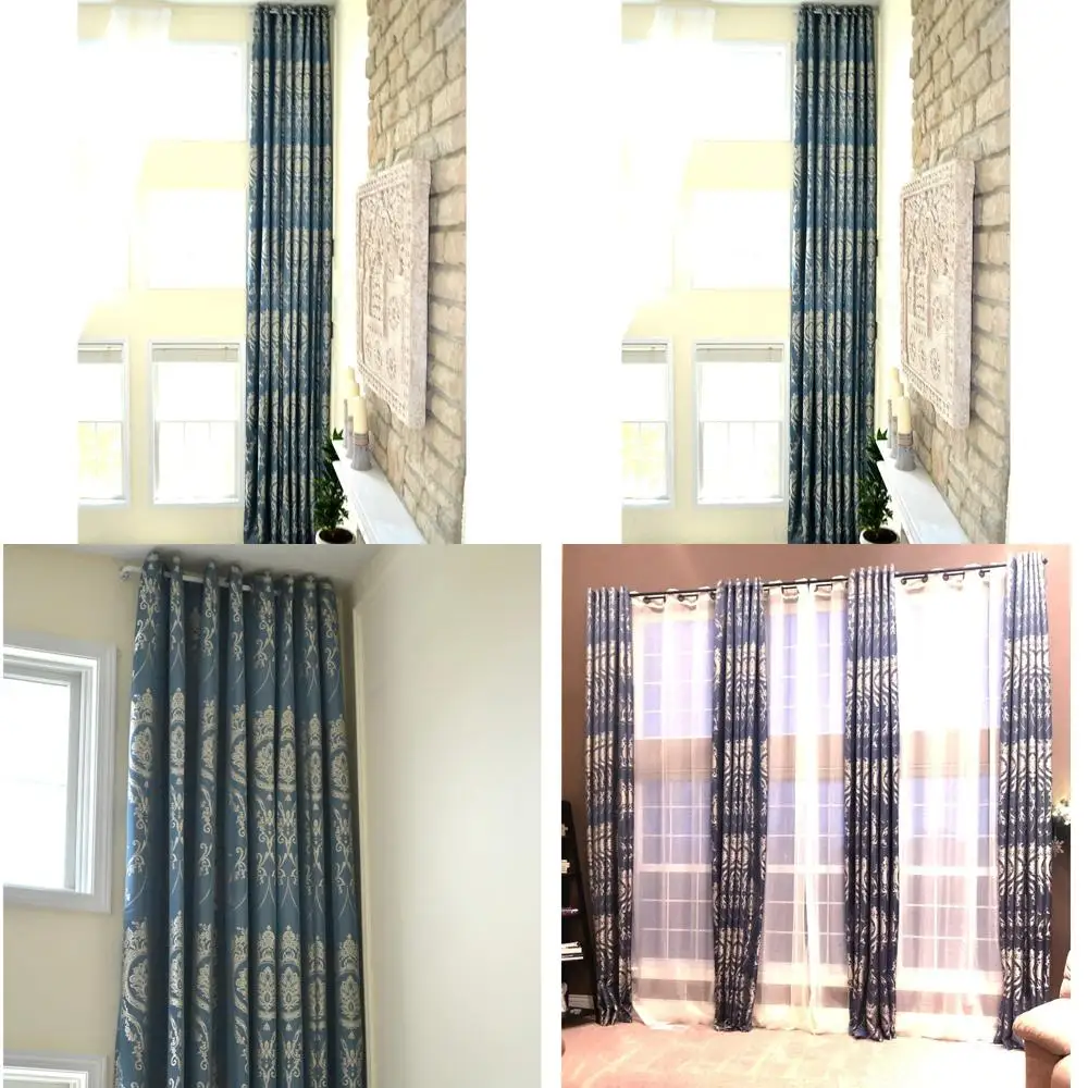 Tende jacquard extra lunghe blu grigio con motivo reale argento/oro, larghezza 100, lunghezza 16-18 piedi per installazione superiore con passacavo