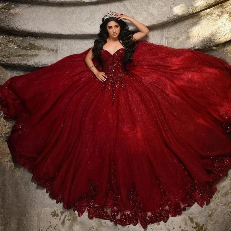 

New Burgundy Quinceanrea Dresses Customized 2025 Red Sweetheart Lace Applique Prom Dress Sweet 15 16 Princess Pageant Gowns