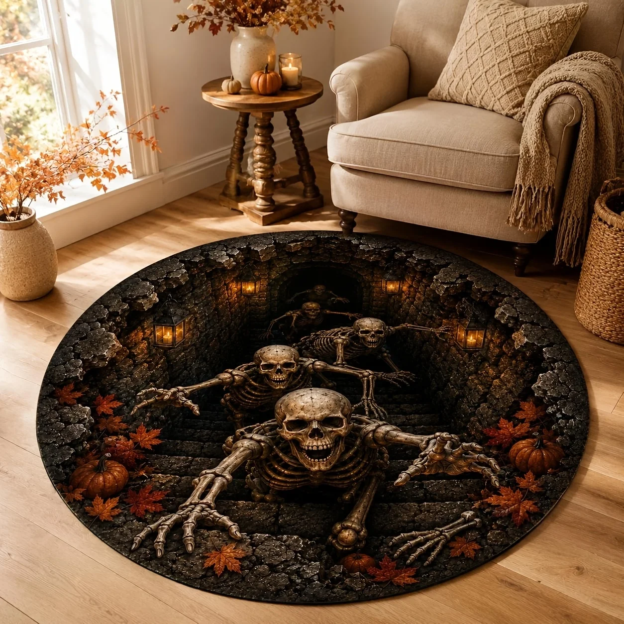 Halloween Round Area Rugs 3D Illusion Vortex Skeleton Printed Large Carpet Festive Home Decor Ghost Pumpkin Cat Border Mat