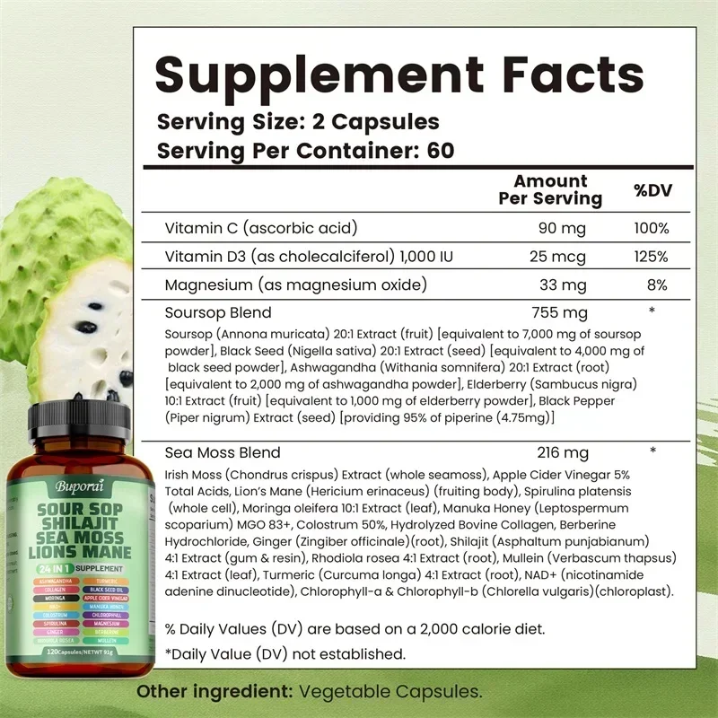 24-In-1 Soursop Supplement - Rich in Antioxidants, Promotes Skin, Joint and Bone Health, and Boosts Immune Function, Vegetarian