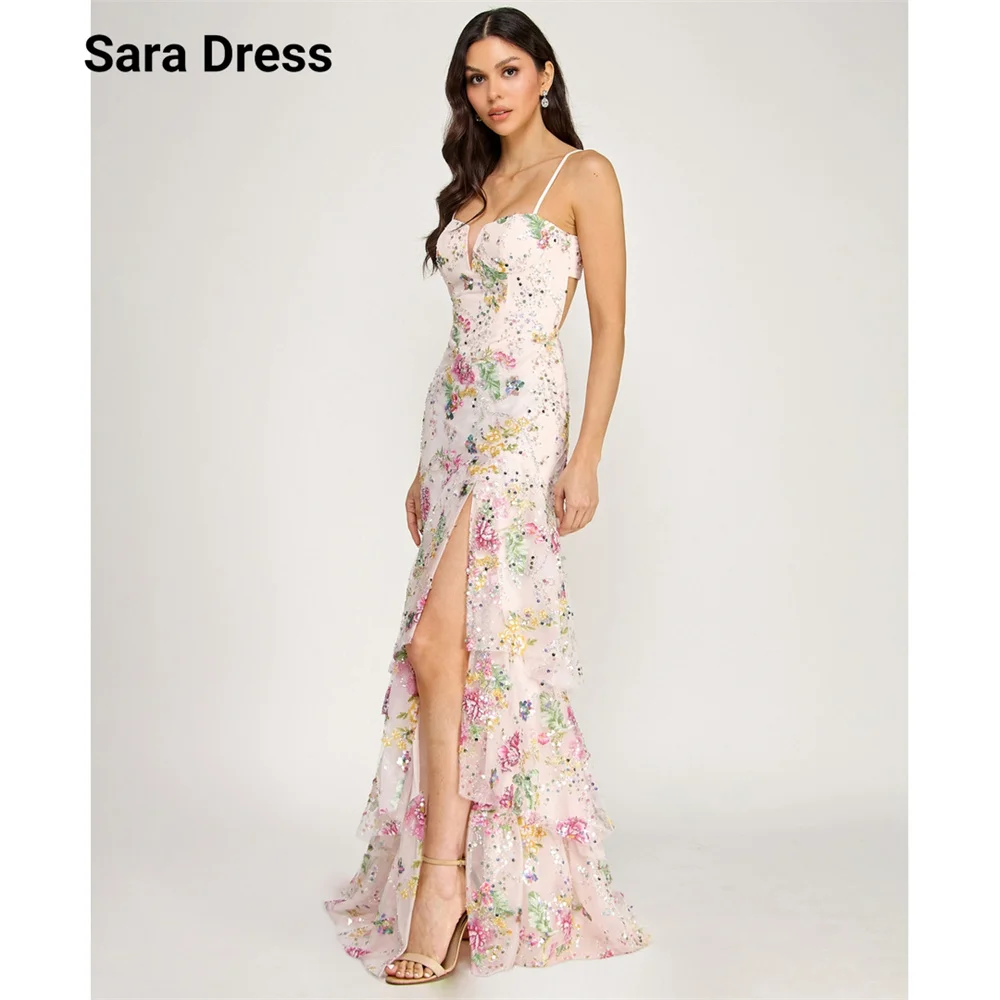 

Sara Custom Side Slit Spaghetti Straps Lace Flowers Evening Dresses for Women Party Dresses Luxury 2026 Prom Dress Elegant Gown