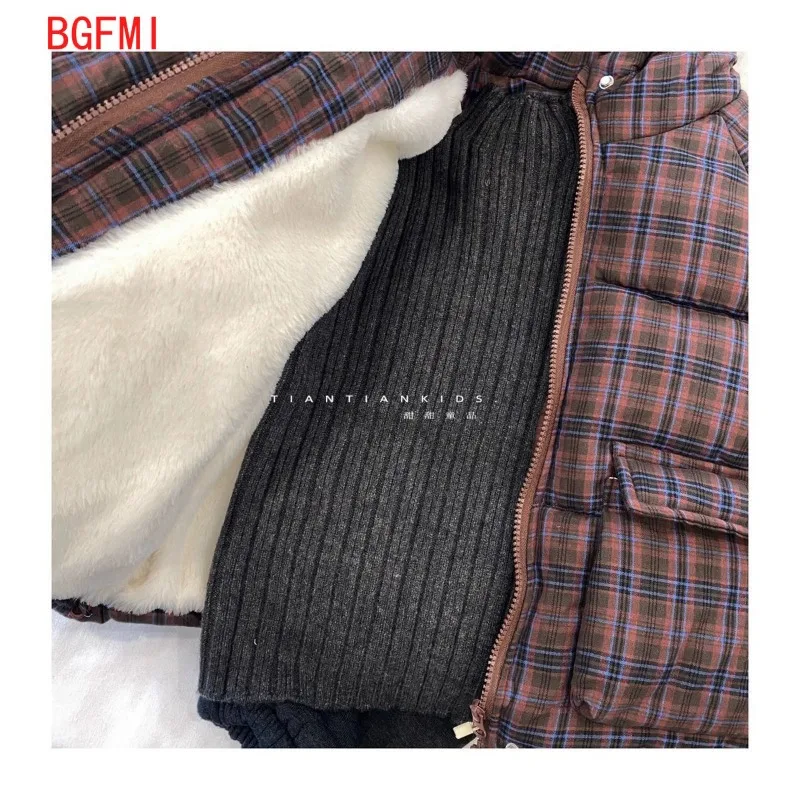 Teenager Boys Plaid Hooded Zipper Thickened Wool Inner Parka Jacket Winter Baby Girl Warm Cotton Coat Overcoat  2-11T Outerwear - view 5