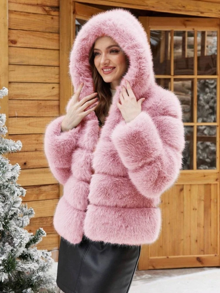 

Роскошная высококачественная пушистая мягкая шуба с капюшоном, зимняя теплая женская стеганая куртка из искусственного меха с длинными рукавами, экологически чистый искусственный лисьи мех