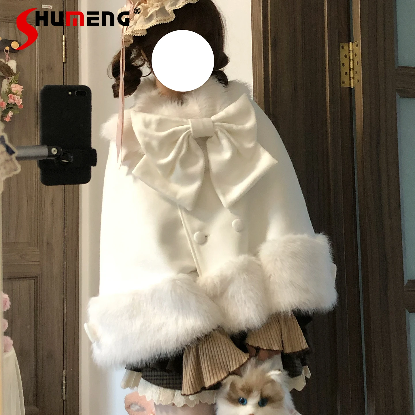 

Christmas Big Bow Fox Fur Spliced Woolen Clock Jacket Double-Breasted Loose Sweet Versatile Fleeced Thick Women Winter Cape Coat