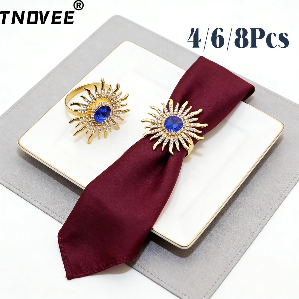 4/6/8Pcs Crystal Flower Napkin Rings Blue Green Floral Napkin Buckles Holder for Hanukkah Party Dinners Christmas Wedding Decor