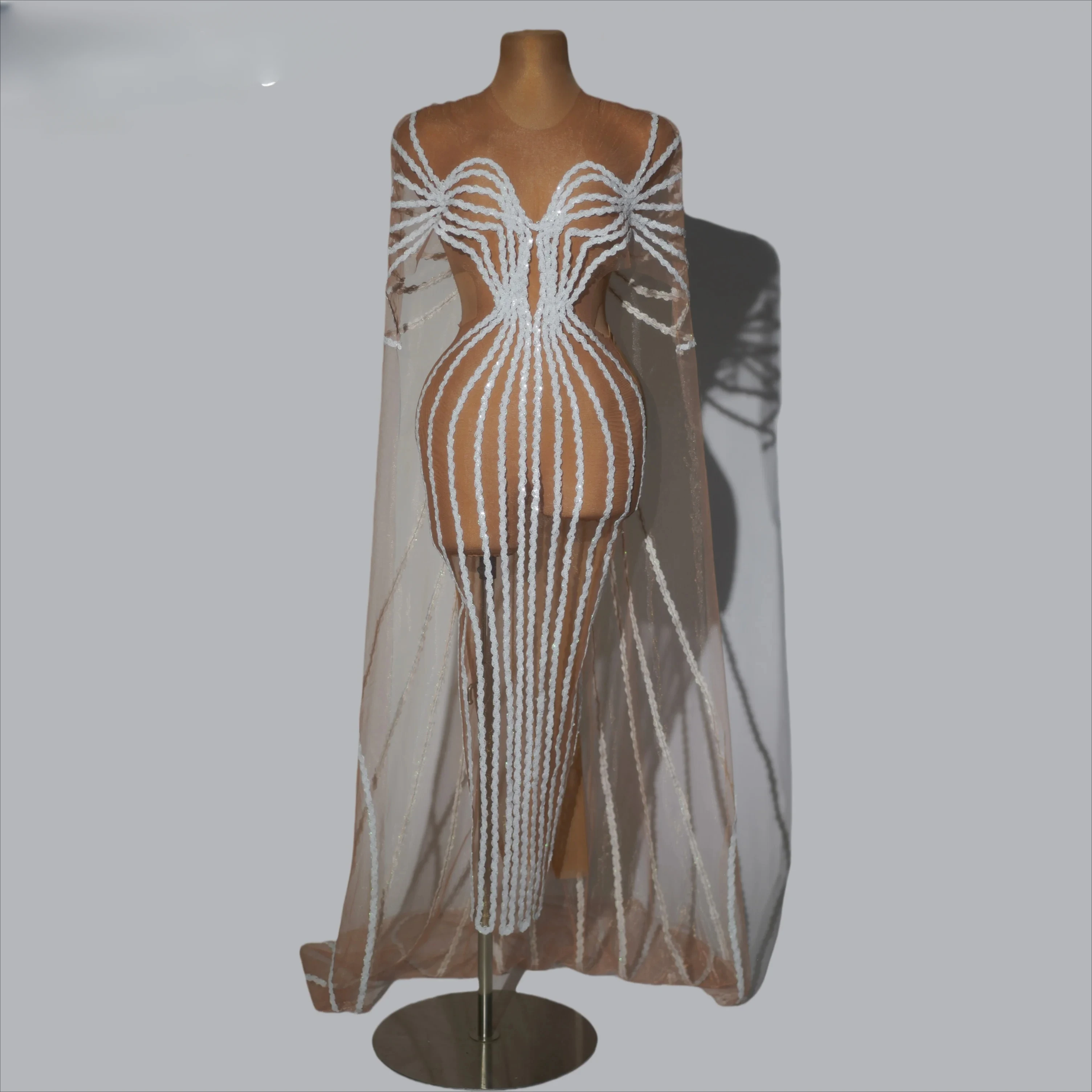 Clube showgirl sexy vestido de festa boate ver através longo robe elegante vestido de noite feminino tira carnaval fantasia drag queen