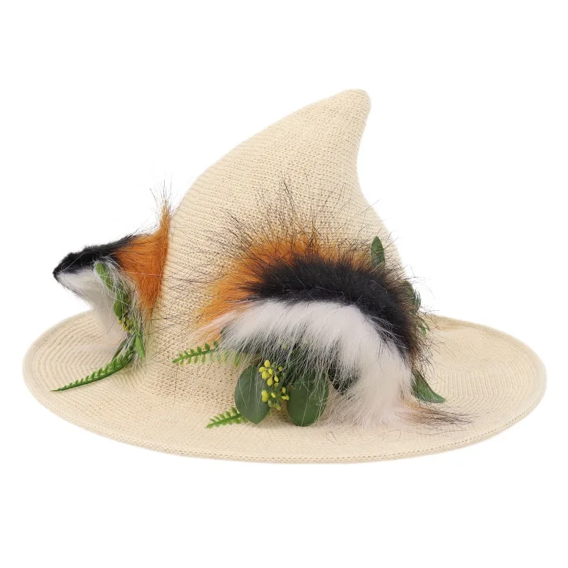 Forest‑Style Wide‑Brim Hat, Hand‑Finished Hat with Fox Ear & Leaf Ornament, Imitation Straw‑Look Headwear for Shooting & Events
