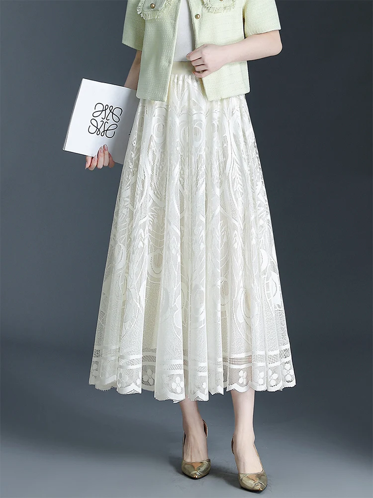 

Модная длинная кружевная юбка ZUZK, танцевальная юбка с перьями и цветами, женская новая корейская юбка с эластичной талией, драпированная, в стиле феи, большая юбка