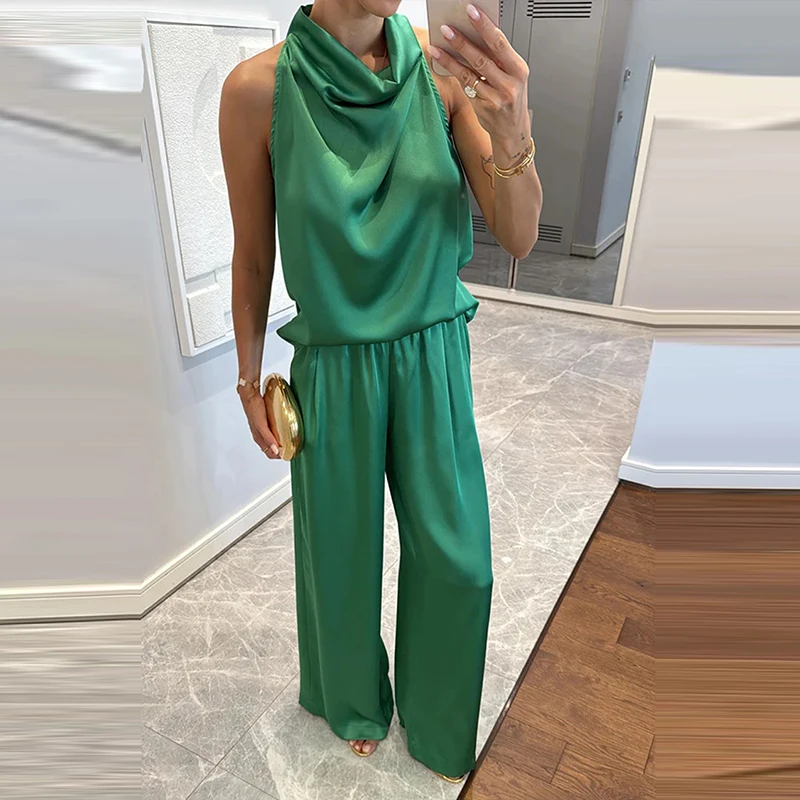 

2026Женские повседневные свободные атласные костюмы из двух предметов, модные драпированные наряды для отпуска, элегантные топы без рукавов с лямкой на шее и длинные брючные комплекты