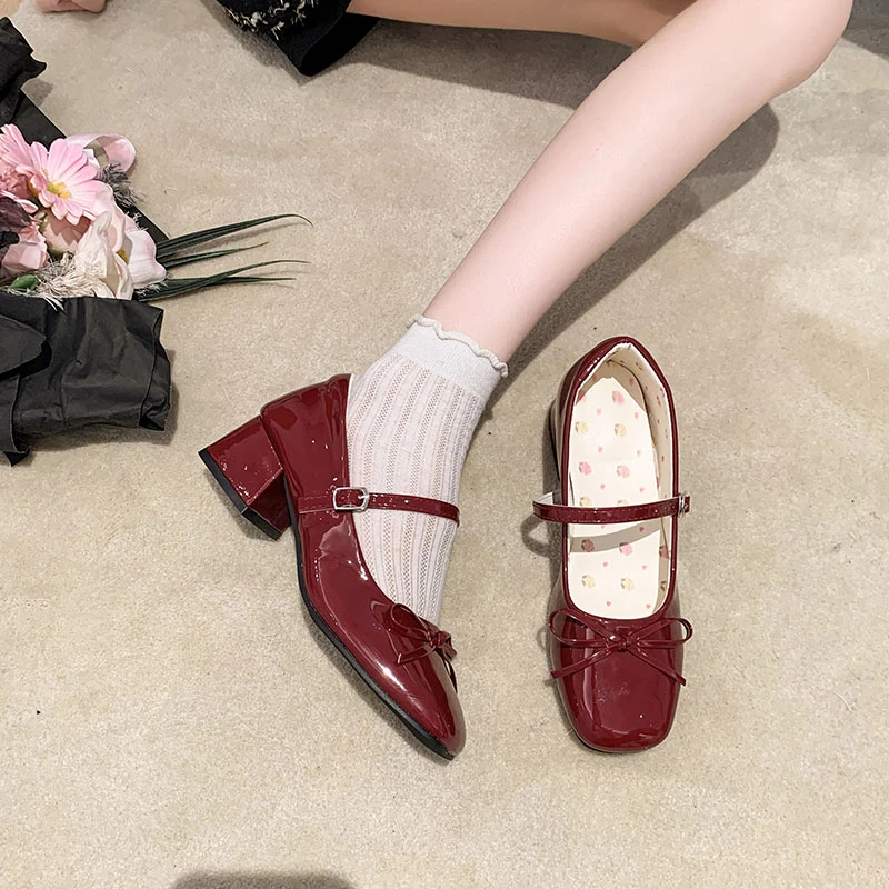 Bow-knot High-heeled Patent Leather Block-heeled Single Shoes for Women 2025 Spring New Style with Skirt Shallow Mary Jane Shoes