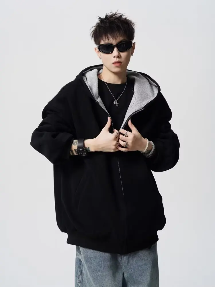 

Boyish black hooded sweatshirt men's autumn and winter high-end handsome layered top cleanfit jacket