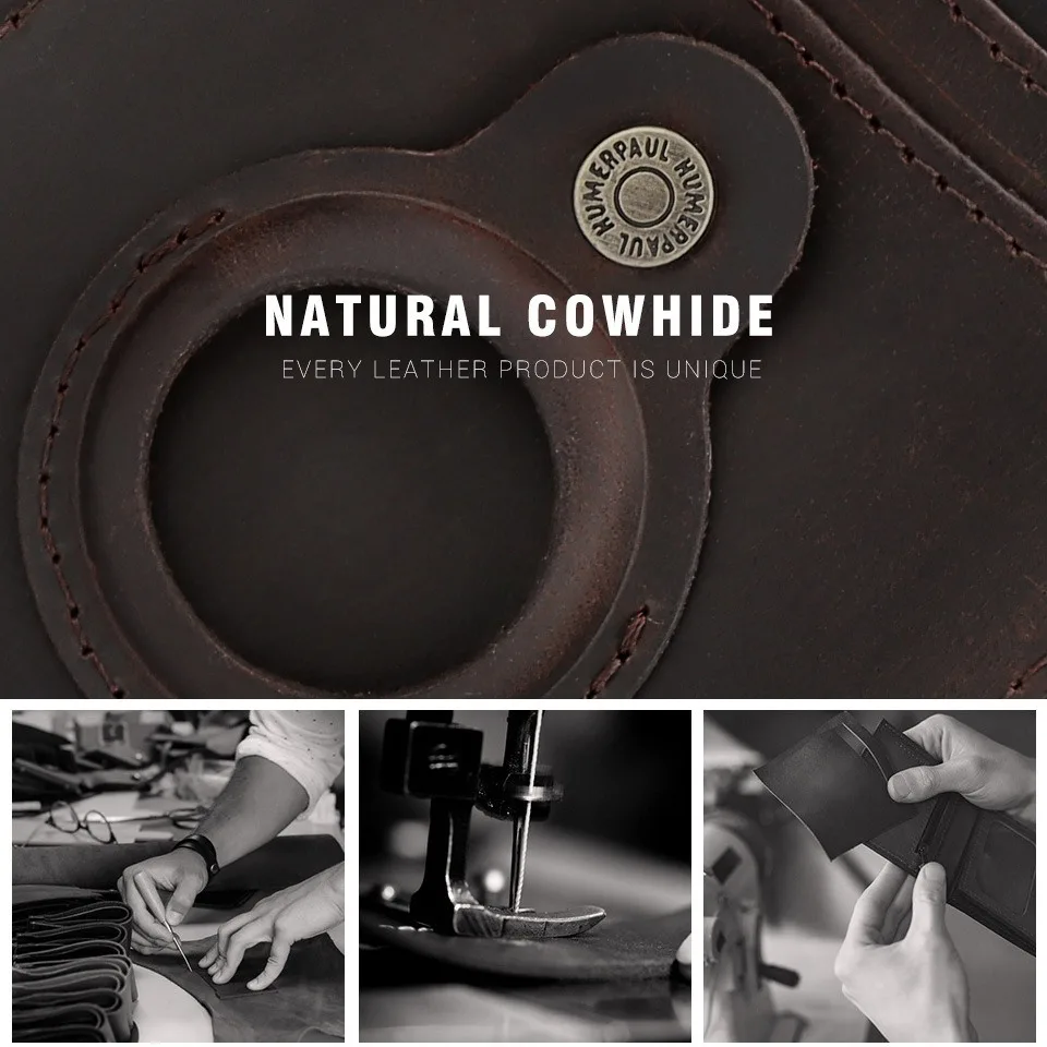 【Genuine Cow Leather】HUMERPAUL Brand Men's Wallet RFID First Layer Cowhide Card Holder AirTag Purse Money Clip