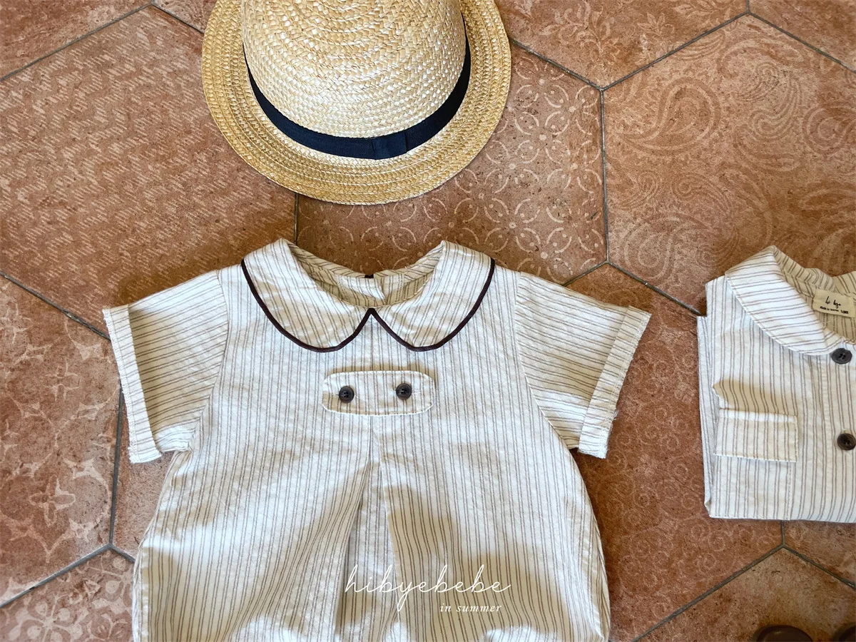 2024 Summer New Baby College Style Lapel Bodysuit Cotton Infant Casual Striped Jumpsuit Newborn Toddler Plaid Clothes 0-24M