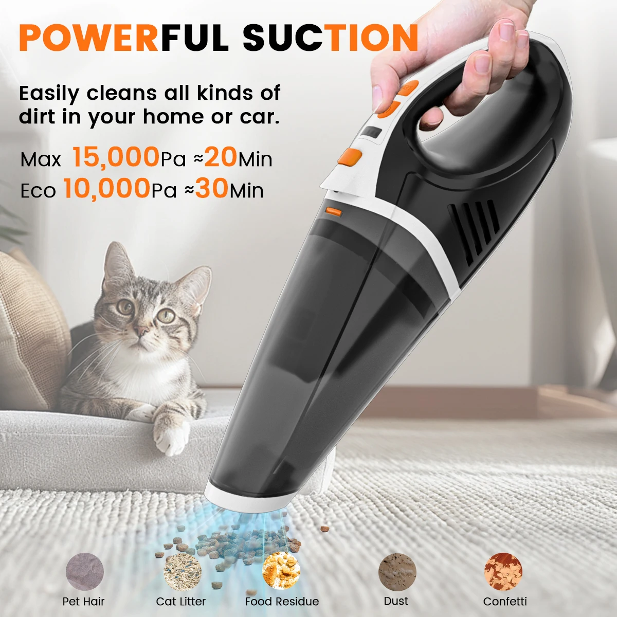 Handheld Vacuum Cordless 15000Pa,Car Vacuum Portable Cordless High Power,Hand Vacuums with 2 Speeds and LED Light