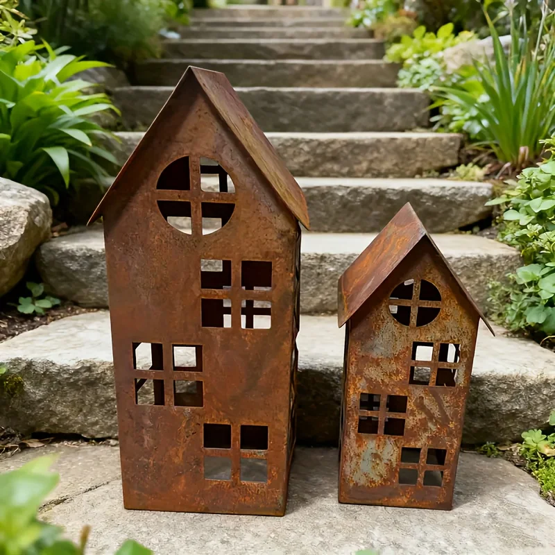 Vintage Rusty Garden House Holiday Candle Holder, Rust-Colored Outdoor Decorative Lantern Candle Stand, Two Sizes of Rusty