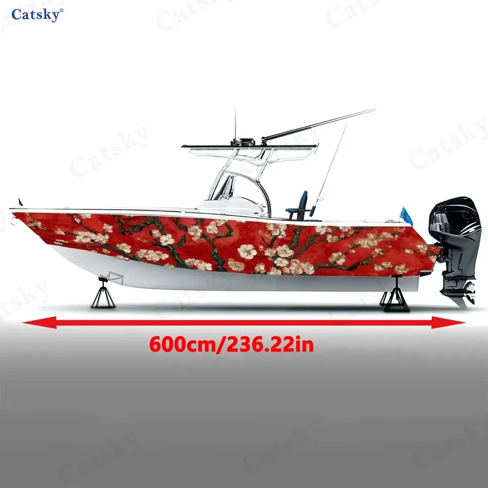 2Pcs Red Plum Blossom Boat Hull Sticker, PVC Waterproof Durable Vinyl Wrap Decals for Fishing Boats, Durable and Stylish Design
