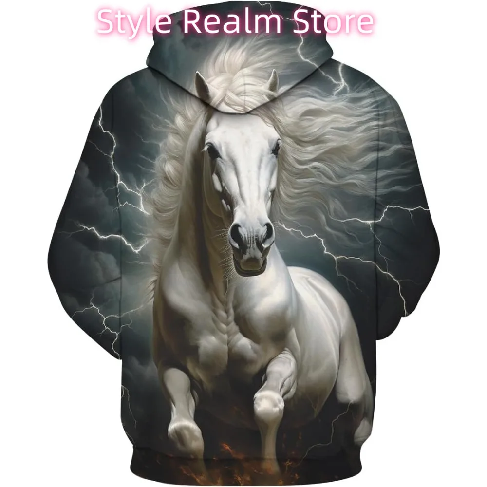 رجل الجدة الأبيض الحصان هوديس 3D نمط المطبوعة الحيوان طويلة الأكمام البلوز هوديي