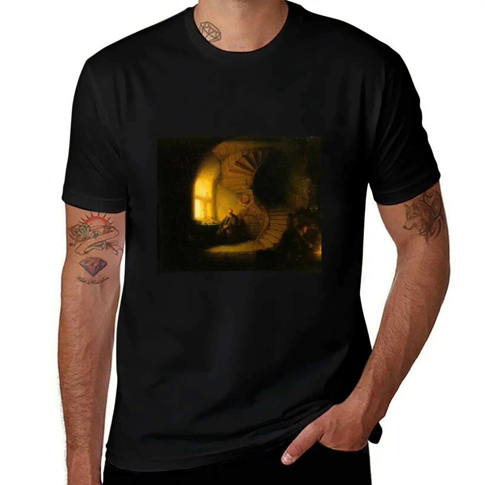 HD. The Philosopher in Meditation, by Rembrandt T-Shirt Classic Print Short Sleeve Shirt T-Shirt