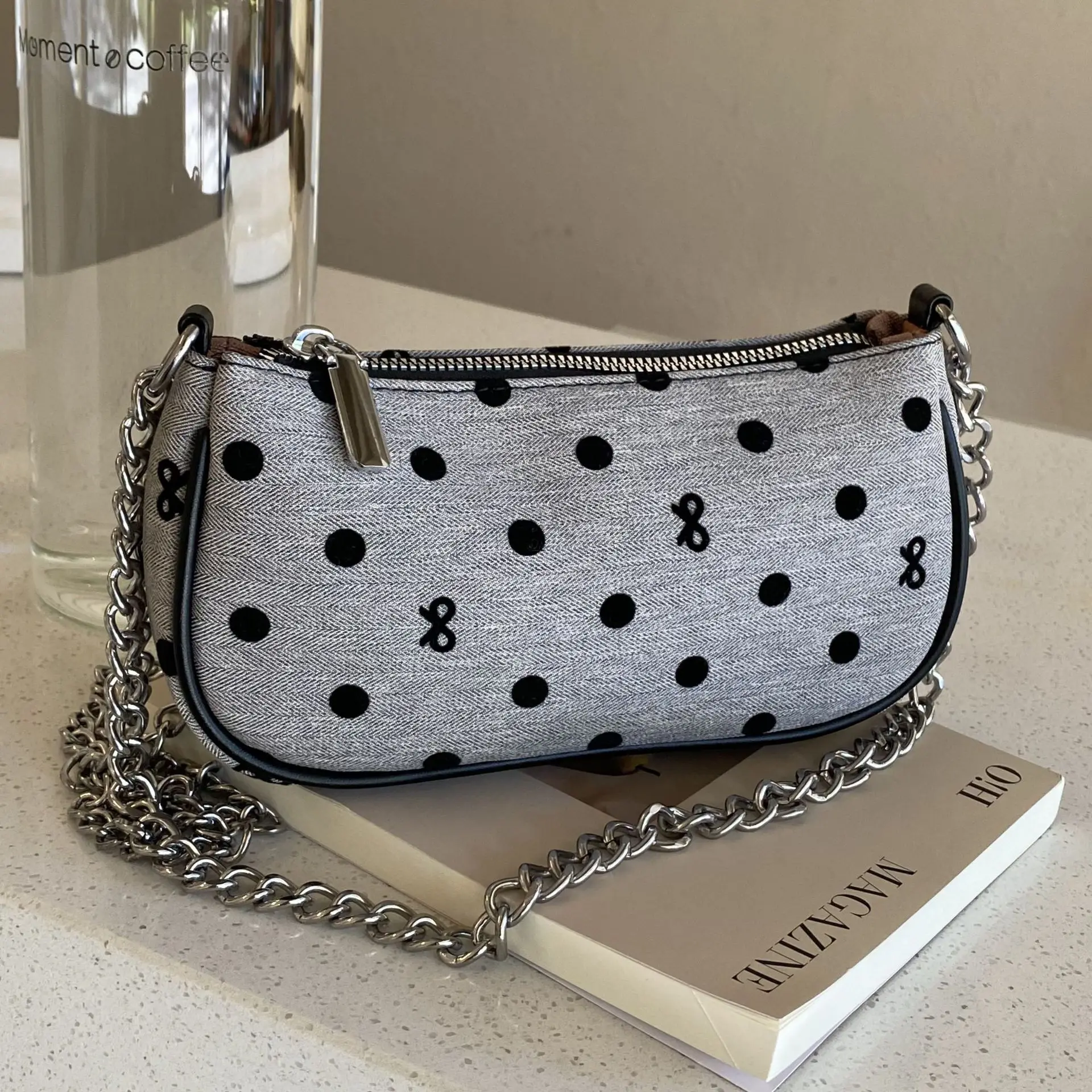 

Retro Color Blocked Polka Dot Underarm Bag Women's Commuting Casual Chain Shoulder Bags Fashion Zipper Square Crossbody Pack