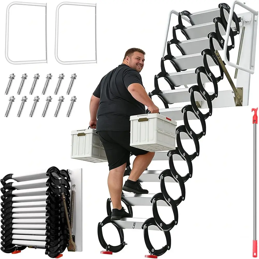 

3.66M 12-Ton Capacity Pull-Down Attic Ladder with 2500lbs Load Capacity, Ti-Mg Alloy, Safety Lock, Wall-Mounted Stairs for Stora