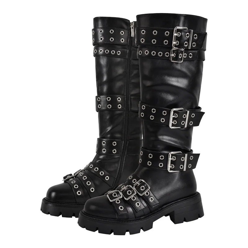 

Richealnana Women Round Toe Platform Multi Buckle Knee High Boots Black Matte Side Zipper Fashion Boots