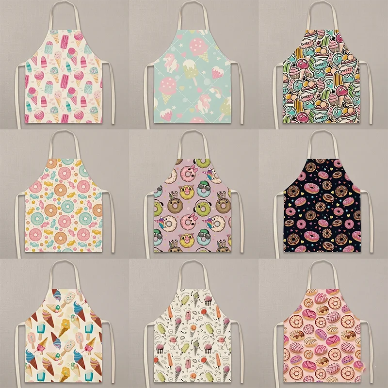 

Cute Dessert Ice Cream Donut Printed Kitchen Apron For Women Girls Baking Cooking Pinafore Cafe Waitress Sleeveless Aprons