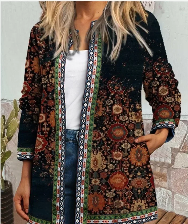 Blazer décontracté imprimé de fleurs pour femme, veste indie folklorique, manteau vintage à manches longues, vêtements d\'extérieur minces pour