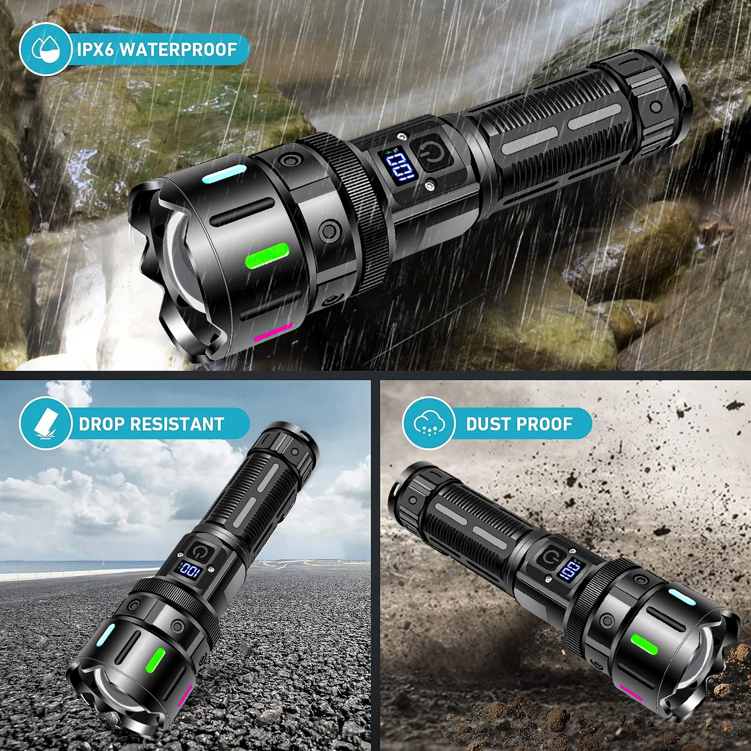 High Power LED Flashlight Type-c Rechargeable Tactical Zoom Torch Use 26650 Battery Camping Fishing Lantern with Power Display