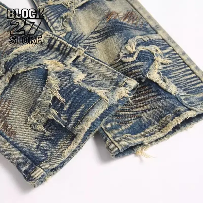 New Hip Hop Vintage Distressed Jeans Men Patchwork Ripped Hole Biker Pants Streetwear Y2K Gothic Style Trousers Harajuku Unisex view 4