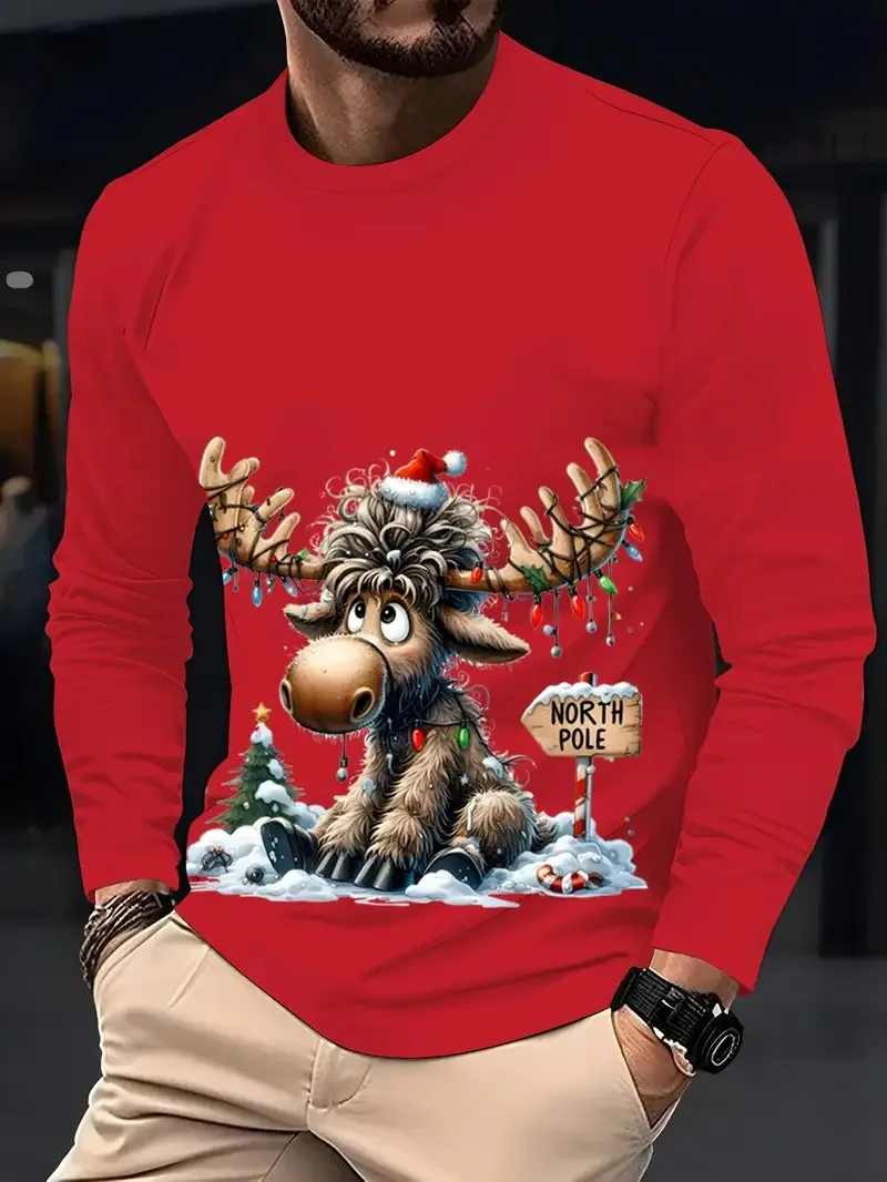 

Christmas reindeer long sleeved T-shirt 3D printed round neck shirt fashion street casual daily spring and autumn men's clothing