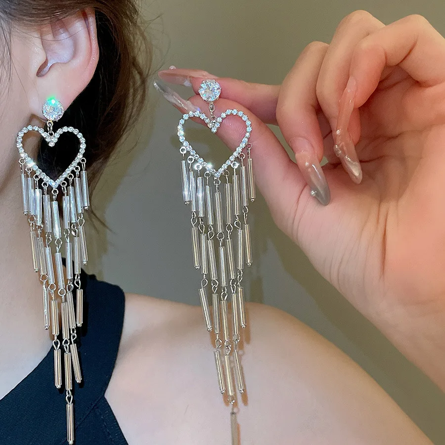 Rectangular Heart-Shaped Cross Zircon Diamond Tassel Earrings