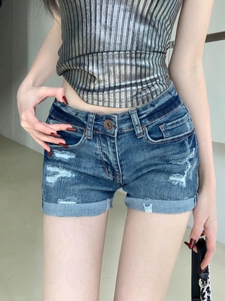 

Vintage Casual Chicly Hollow Out Shorts for Women American Sexy High Waist Simple Fashion Washed Distressed Summer Female Shorts