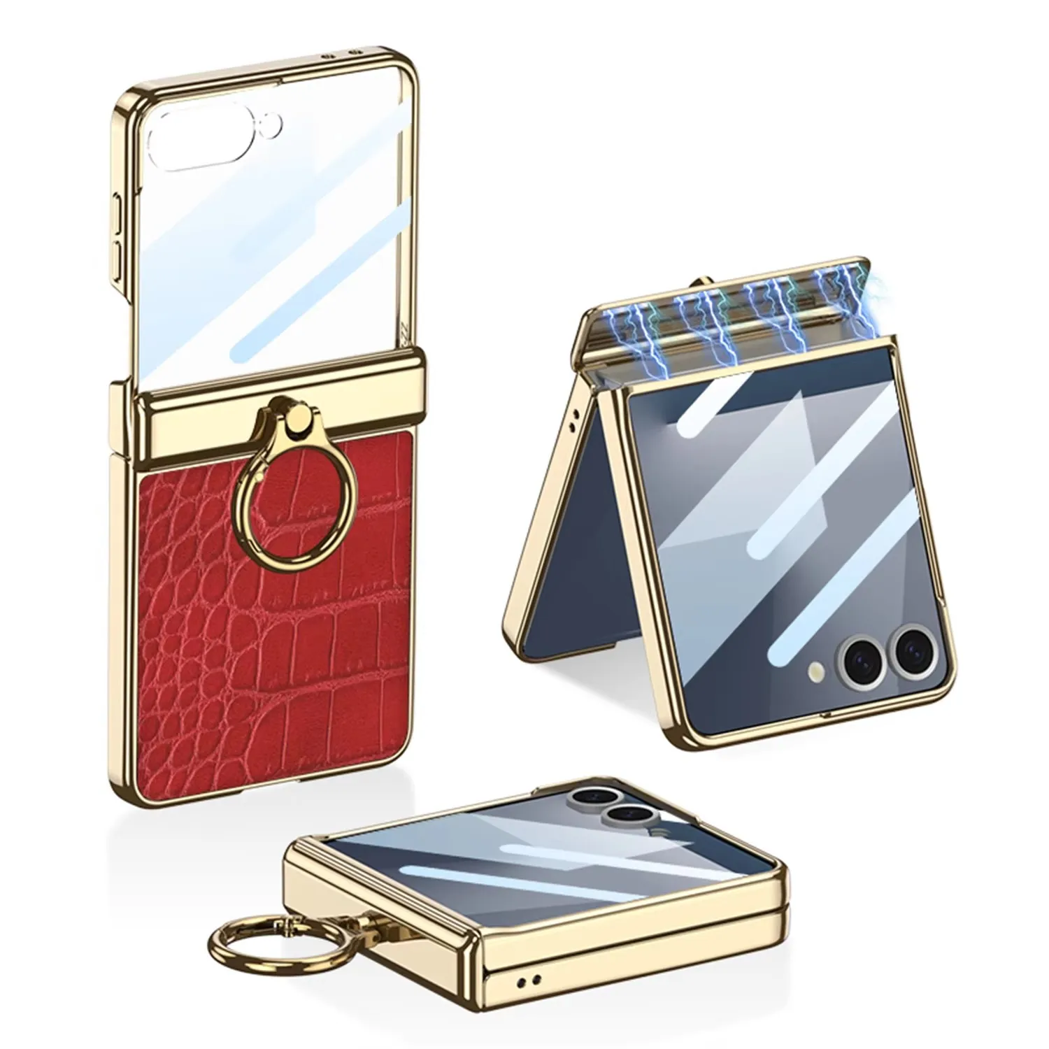 

Auto Leather Phone Case for Samsung Galaxy Z Flip 7 Flip6 5 Crocodile Pattern Ring Stand Hinge Screen Protect Film&Folding Cover