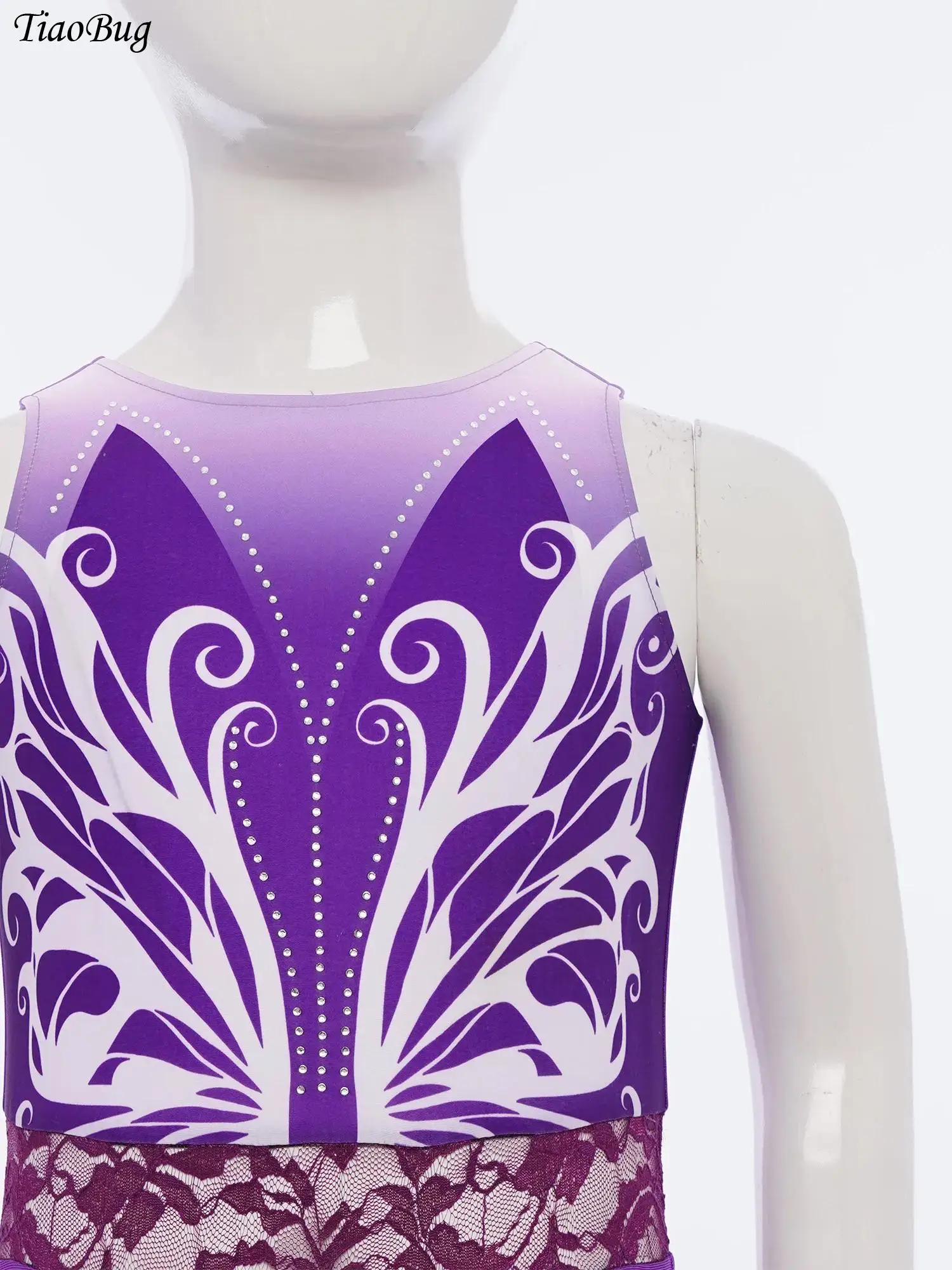 

Kids Girls Butterfly Printed Leotard Gymnastics Ballet Dance Bodysuit Sleeveless Shiny Rhinestones Lace Bodysuit for Performance