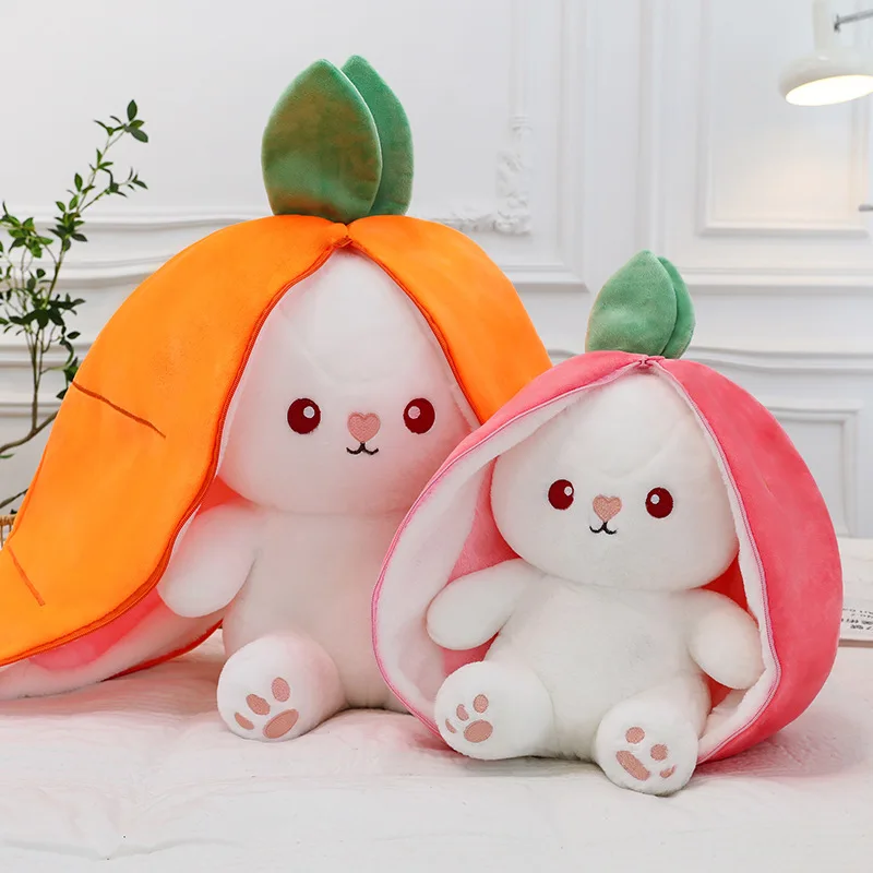 MINISO Funny Joy  Fruit Bunny Plush Toy Cute Carrot Strawberry Turn Into Rabbit Plush Toy Kids Birthday Christmas Gift